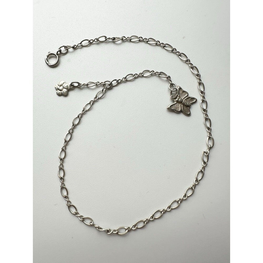Vintage Sterling Silver Butterfly Flower Cham Chain Anklet 9.25”
